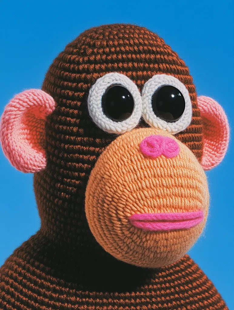 Close-up of a crocheted monkey.  The monkey is brown with pink ears and a peach-colored face.  Large, expressive eyes are prominent features.  The texture of the yarn is clearly visible, showing the detailed crocheting. The monkey's expression is sweet and innocent, set against a vibrant blue backdrop.