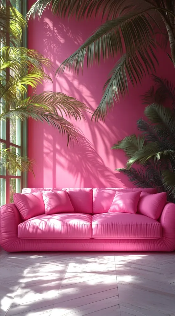 A vibrant pink sofa sits in a room bathed in sunlight.  Lush green palm trees flank the sofa, their shadows cast dramatically on the bright pink wall. The room's aesthetic is bold and tropical, with a clean, white chevron patterned floor contrasting the saturated colors. Sunlight streams through a window, illuminating the scene.