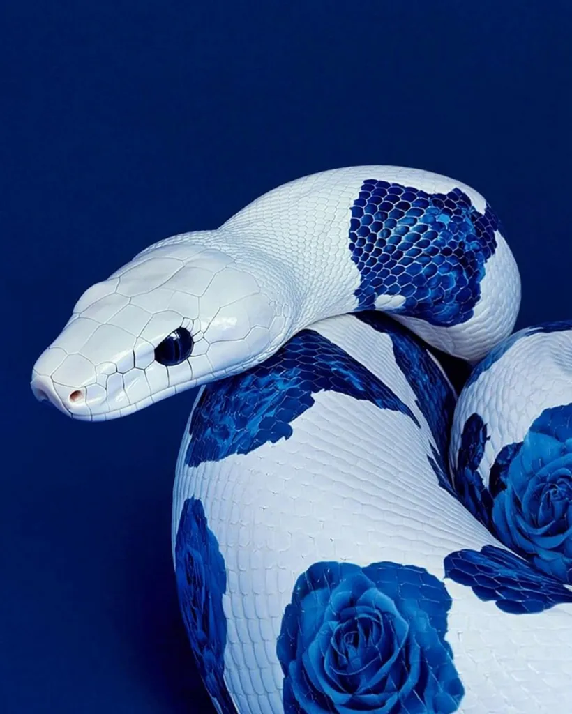 A white snake with a striking pattern of blue roses is showcased against a deep blue background. The snake's scales are meticulously painted, creating a beautiful contrast between the white base and the vibrant blue floral design.  The image is sharply focused, highlighting the intricate details of both the snake's texture and the rose artwork.  The overall aesthetic is elegant and artistic.