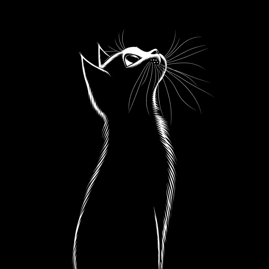 A stylized illustration of a cat, rendered in stark white lines against a solid black background.  The cat is depicted in profile, gazing upward, its whiskers extending outwards.  The linework emphasizes the feline's elegant form and creates a dramatic, minimalist aesthetic. The image evokes a sense of mystery and grace.