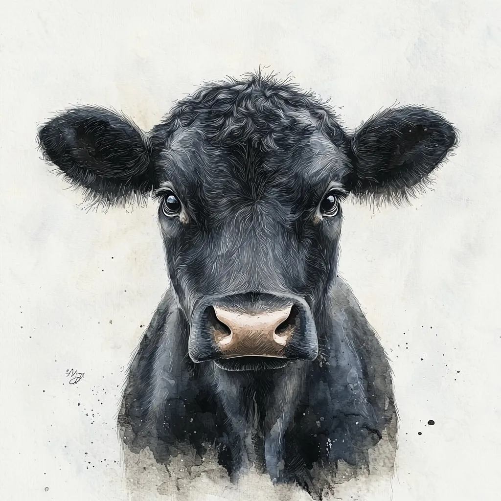 A watercolor-style illustration features a young black cow, its dark fur meticulously detailed.  The cow gazes directly at the viewer with large, expressive eyes. Its soft, slightly pinkish nose adds a touch of warmth to the otherwise dark monochrome palette. The background is a light beige, subtly textured, with watercolor splatters adding a soft, artistic touch. The overall style is both realistic and painterly.