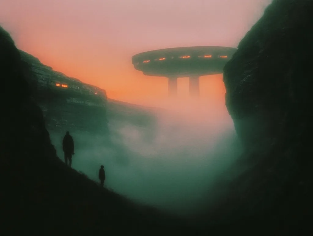 Two silhouetted figures walk a path between misty, dark cliffs towards a large, futuristic disc-shaped structure hovering in the distance.  A soft, orange sunset illuminates the scene, creating a mysterious and somewhat ominous atmosphere. The fog obscures much of the landscape, adding to the sense of wonder and unease.