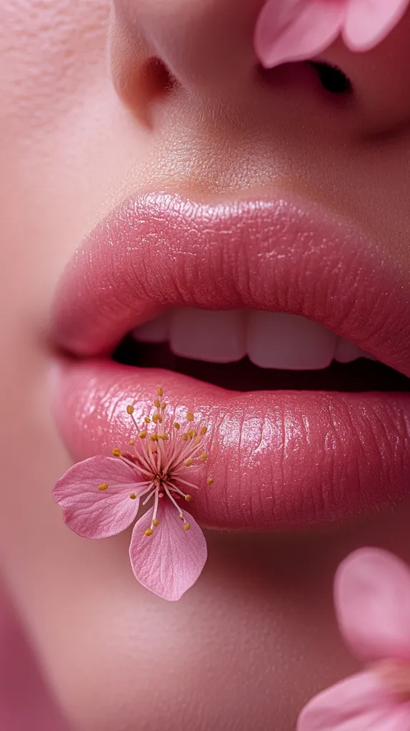 A close-up shot showcases a woman's full, pink lips, adorned with a delicate pink flower resting gently on the lower lip.  The lips are glossy and smooth, highlighting a naturally beautiful complexion.  Additional pink petals softly frame the image, creating a harmonious and aesthetically pleasing composition emphasizing femininity and beauty.