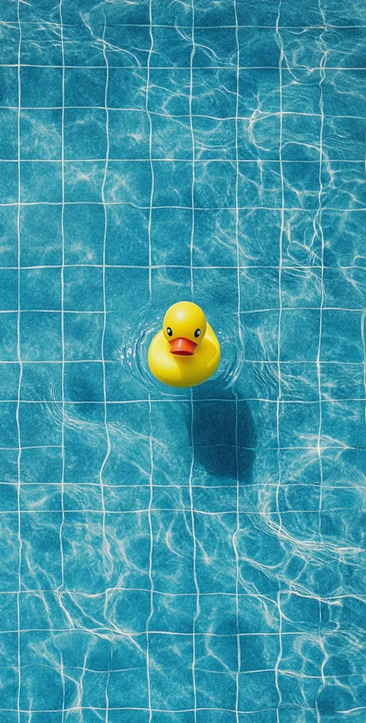 A yellow rubber duck floats serenely in a swimming pool. The pool's turquoise tiles are visible beneath the water's surface, creating a grid-like pattern.  Sunlight dances on the water, causing gentle ripples around the duck. The overall image is calm and evokes a sense of summer relaxation.