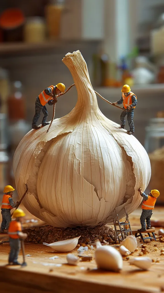 Miniature construction workers, clad in bright orange vests and yellow hard hats, painstakingly dismantle a giant garlic bulb.  They use ropes and tools, working collaboratively around the enormous clove. The scene is set on a wooden surface, amidst scattered garlic pieces, creating a whimsical juxtaposition of scale and industry.