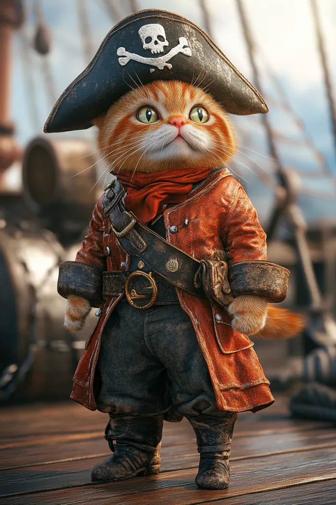 A ginger cat, dressed in a weathered pirate captain's costume, stands proudly on a wooden deck.  The costume includes a tricorn hat emblazoned with a skull and crossbones, a red coat, dark breeches, and worn leather boots. The cat's expression is alert and self-assured, suggesting a seasoned seafarer.  The background hints at a ship and the sea.