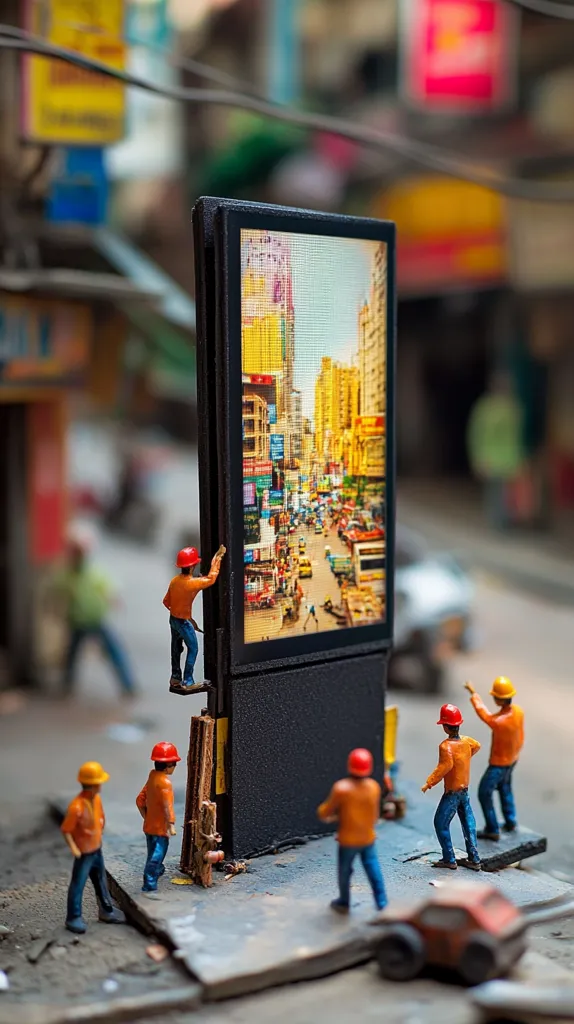 Miniature construction workers surround a large digital display showcasing a busy city street.  The scene is a meticulously crafted diorama, contrasting the tiny figures with the vibrant, detailed image of a bustling urban landscape.  The workers, wearing orange and red hard hats, appear to be installing or maintaining the screen, creating a compelling juxtaposition of scale and setting.