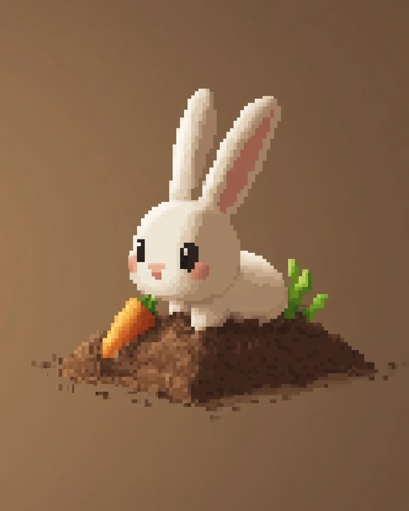 A pixel art image depicts a cute white rabbit sitting on a pile of brown dirt.  The rabbit has large eyes and pink cheeks. A bright orange carrot with green leaves lies near the rabbit on the ground. The background is a muted brown. The overall style is simple and charming.
