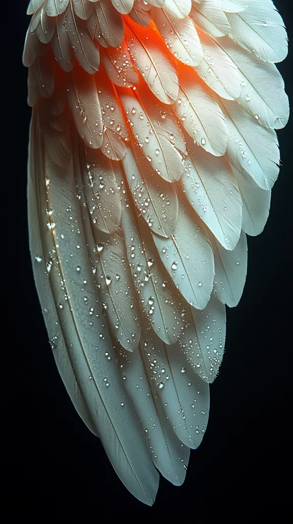 A close-up reveals a bird's wing, delicately adorned with feathers.  Water droplets cling to the feathers, highlighting their texture and delicate structure. The feathers are predominantly off-white, with a subtle orange hue near the base.  The dark background accentuates the wing's ethereal beauty, creating a striking contrast. The image evokes a sense of softness and fragility.