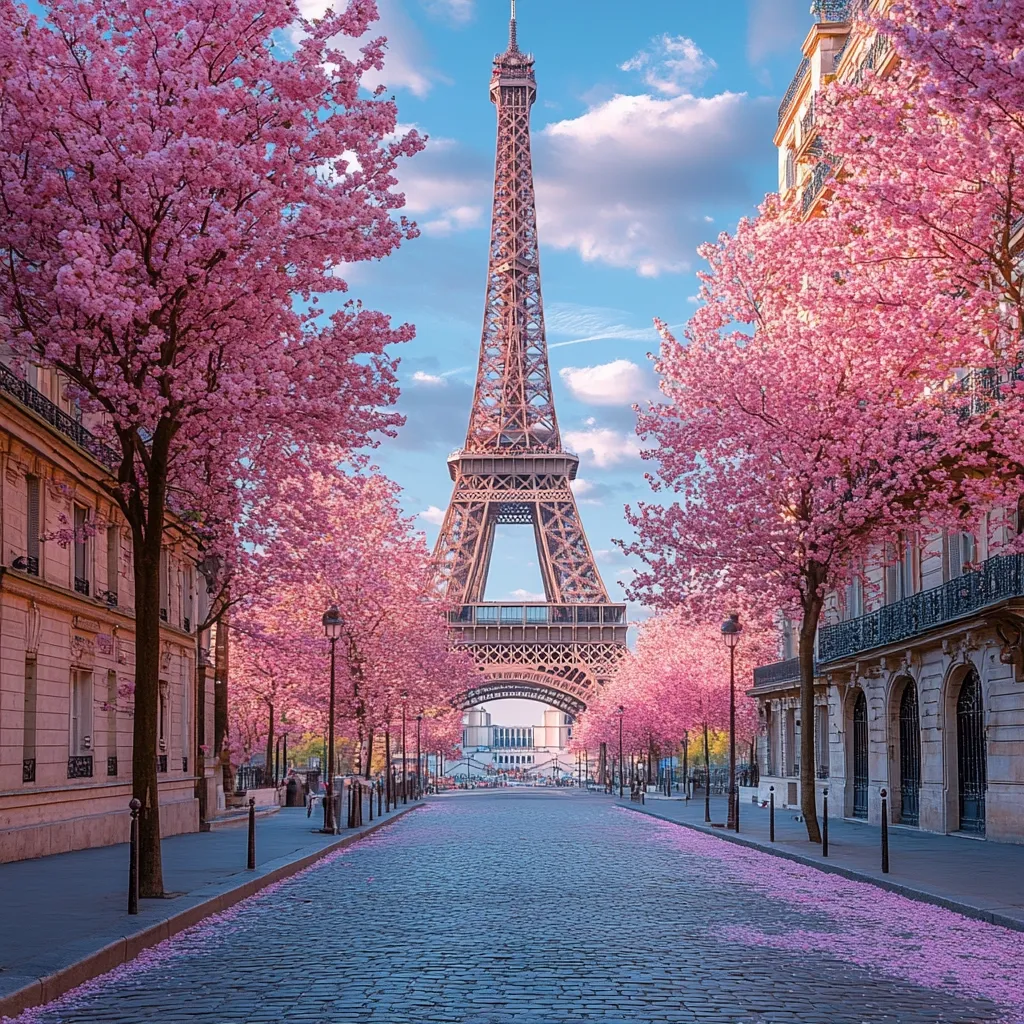 A picturesque Parisian street scene unfolds, showcasing the Eiffel Tower in the distance.  Rows of cherry blossom trees in full, vibrant pink bloom line the cobblestone street, creating a romantic and idyllic atmosphere.  The buildings along the street are elegant and classic Parisian architecture, complementing the springtime beauty. Pink petals scatter the ground, adding to the scene's charm.