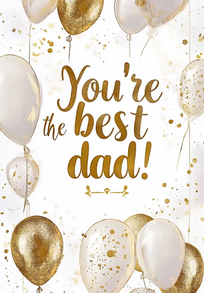 A Father's Day card featuring gold and white balloons with gold confetti.  The message "You're the best dad!" is written in elegant gold script. The design is celebratory and sophisticated, perfect for expressing appreciation for a father figure.  The balloons add a festive touch to the heartfelt message.