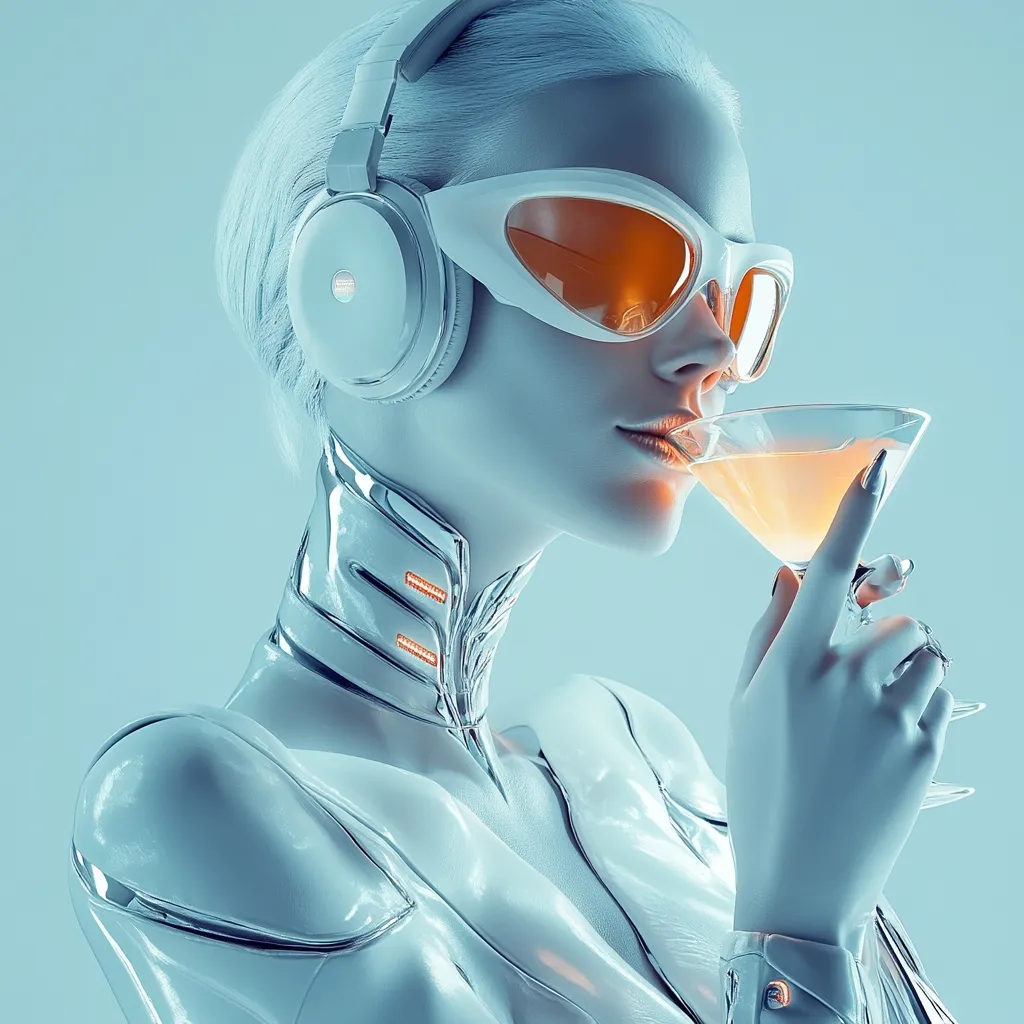 A stylized cyborg woman, clad in a sleek, metallic silver outfit, sips a cocktail.  She wears futuristic white headphones and sunglasses, her pale skin reflecting a cool blue light.  Orange accents highlight the drink and details on her collar. The overall aesthetic is one of cyberpunk elegance and sophisticated artificial intelligence.