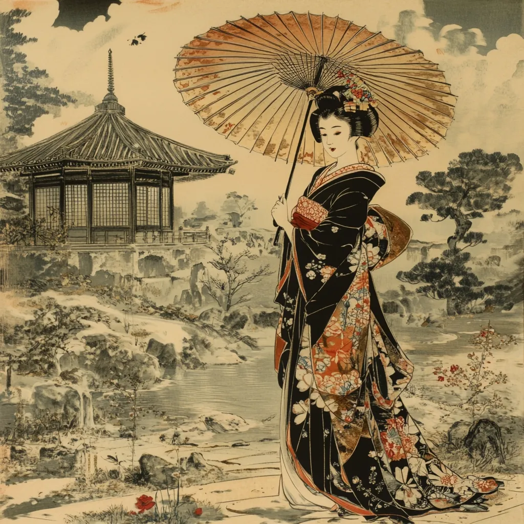 A Japanese woman in a stunning black and floral kimono stands gracefully, holding a large, ornate parasol.  She is positioned before a serene landscape featuring a traditional Japanese pavilion, a tranquil pond, and meticulously rendered trees and rocks. The artwork evokes a sense of quiet elegance and traditional Japanese aesthetics. The style is reminiscent of classic Japanese woodblock prints.