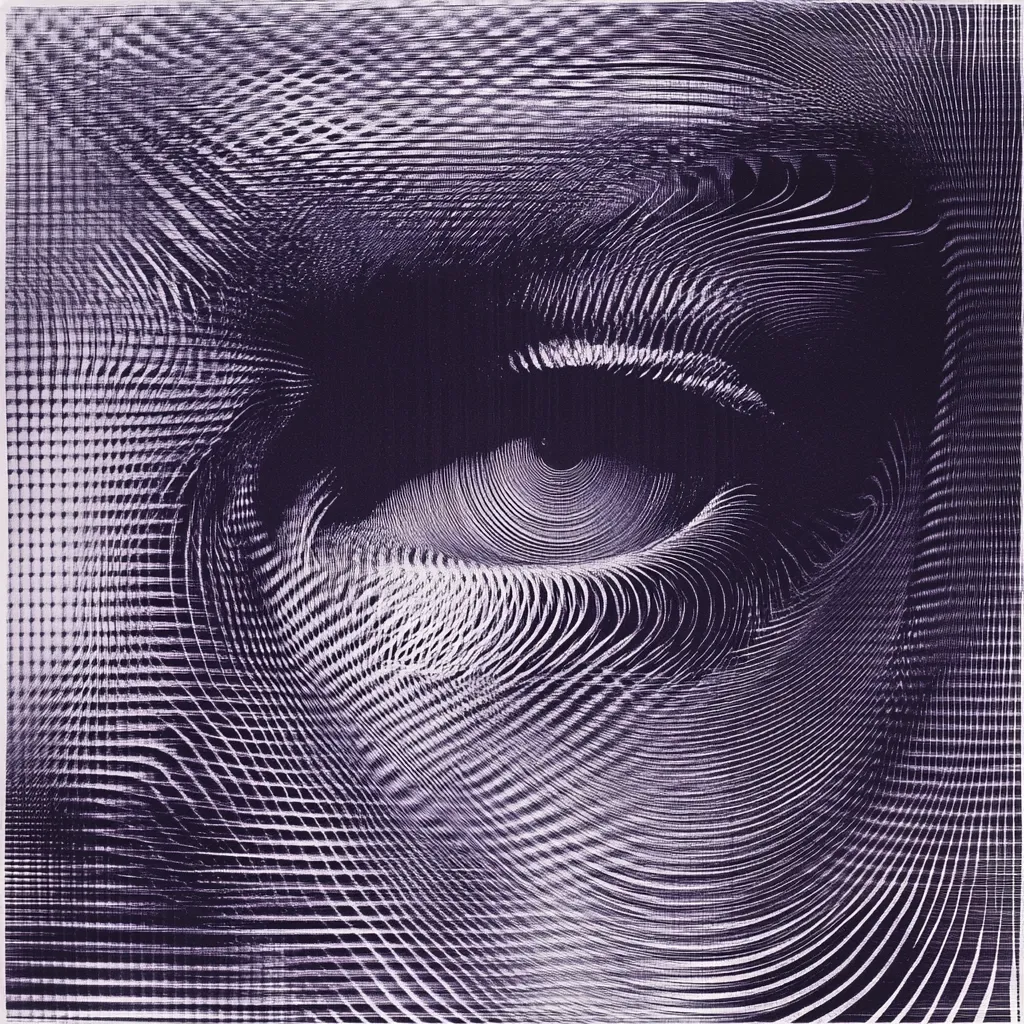 A close-up, abstract depiction of a human eye, rendered in shades of purple and white.  Intricate, layered lines create a textured, almost three-dimensional effect, giving the eye a mesmerizing, distorted quality. The style evokes a sense of depth and complexity, suggesting a blend of graphic design and artistic expression. The overall impression is one of visual intrigue and artistic innovation.