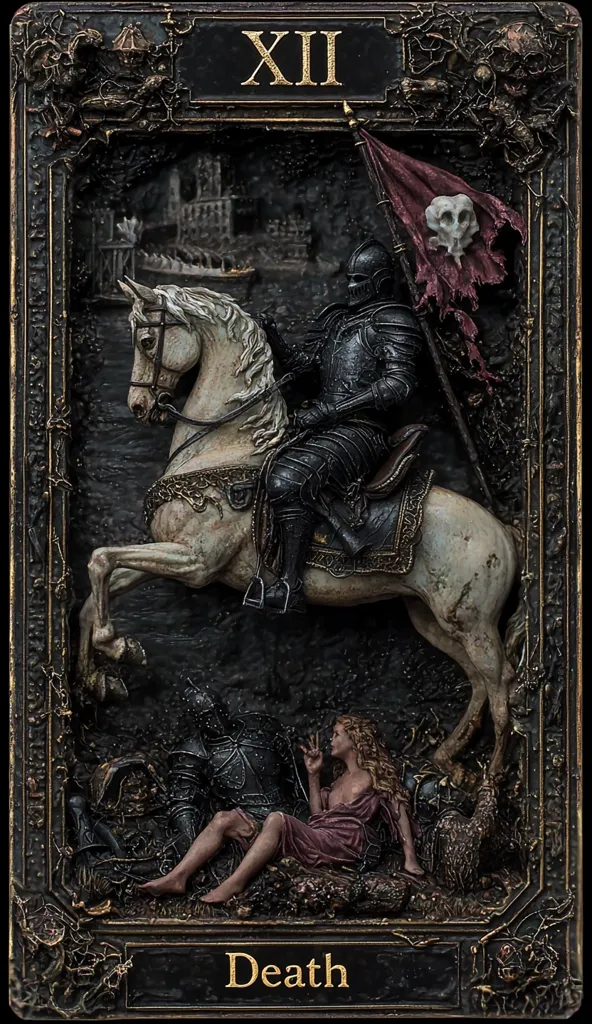 A dark, gothic-style relief sculpture depicts the Death card from a Tarot deck.  A knight in black armor rides a pale horse, carrying a skull-emblazoned flag.  A woman lies on the ground below, seemingly resigned to her fate.  The scene is set against a backdrop of ruined buildings, creating a somber and dramatic atmosphere. The ornate frame further enhances the piece's macabre aesthetic. The word "Death" is prominently displayed at the bottom.
