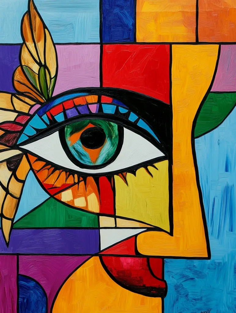 A vibrant, abstract painting features a stylized eye, partially obscured by geometric shapes.  Bold colors—red, yellow, blue, green, and purple—are used in a Cubist style.  A butterfly-like form emerges from the left, integrated seamlessly into the eye's design.  The overall effect is bold, energetic, and expressive.