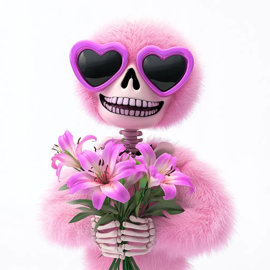 A fluffy pink skeleton, wearing heart-shaped sunglasses, holds a bouquet of pink lilies.  The cheerful, cartoonish character presents a whimsical and slightly morbid Valentine's Day image, blending sweetness with a touch of the macabre.  The contrast of the soft fur and the skeletal form creates a unique and memorable visual.