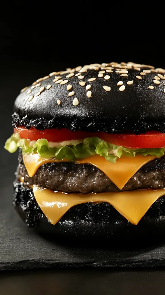 A mouthwatering black burger with sesame seeds on the bun.  The burger is stacked high with two juicy patties, melted cheese, crisp lettuce, and a ripe tomato slice.  The dark bun contrasts beautifully with the bright cheese and vibrant vegetables.  It rests on a dark slate surface, creating a dramatic and visually appealing image.