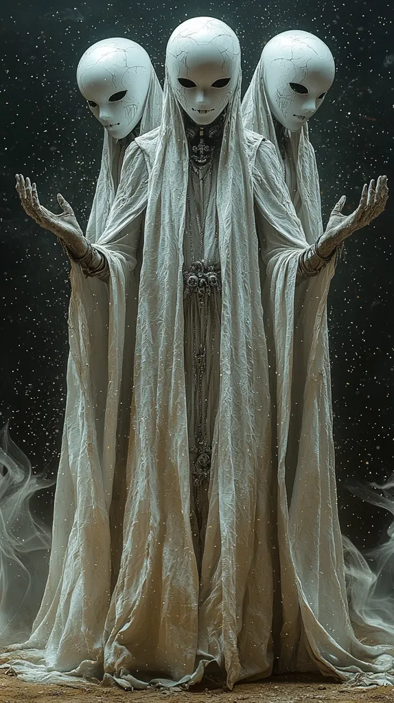 A central figure, cloaked in flowing white fabric, stands between two similar figures.  All three wear white masks with dark eyeholes and mouths.  The central figure's hands are outstretched, suggesting a gesture of blessing or offering.  The background is dark and speckled, with ethereal smoke at the base. The overall mood is mystical and slightly unsettling.