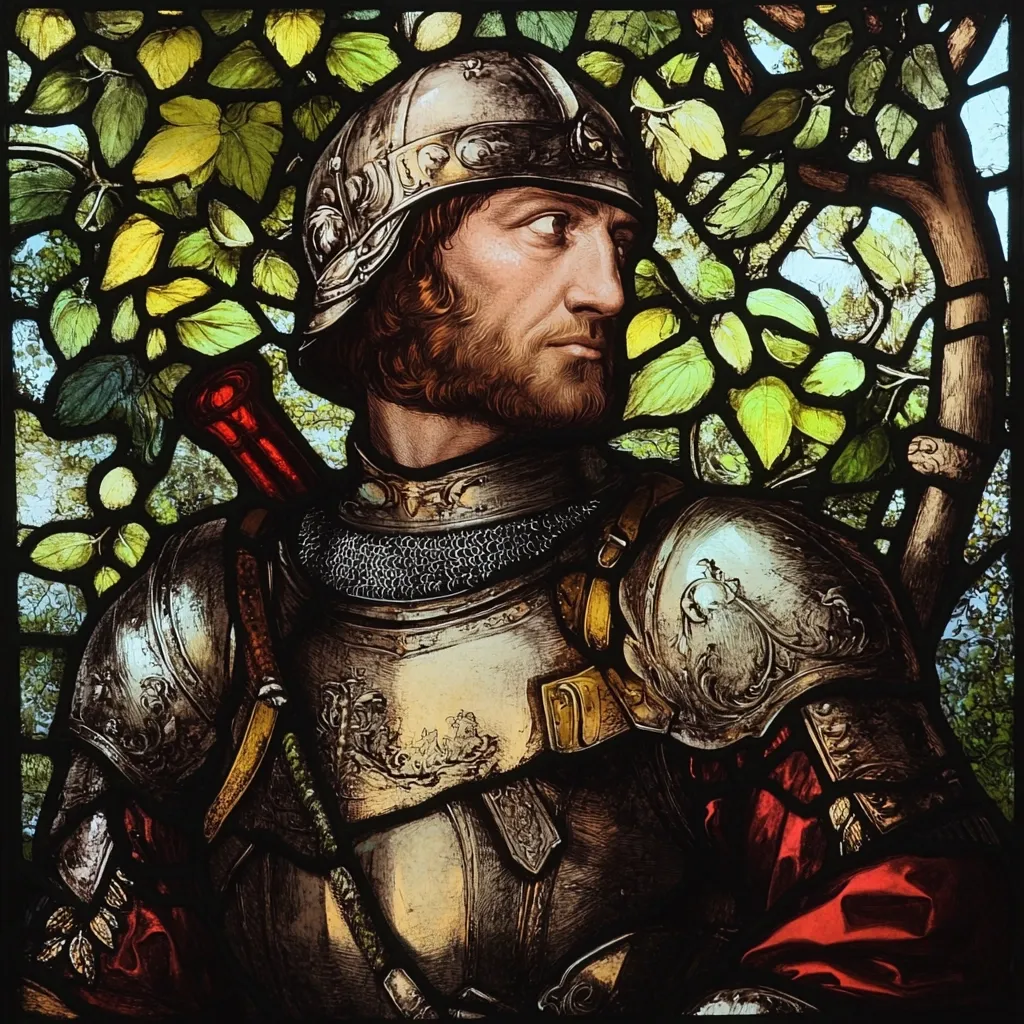 A stained-glass panel depicts a knight in detailed armor, his helmet adorned with intricate designs.  He is set against a backdrop of stylized foliage, suggesting a woodland setting. The knight's face is visible, showcasing a serious expression, and a portion of a weapon is visible behind his shoulder. The overall style is reminiscent of medieval art, with rich color and fine detailing in the armor and leaves.