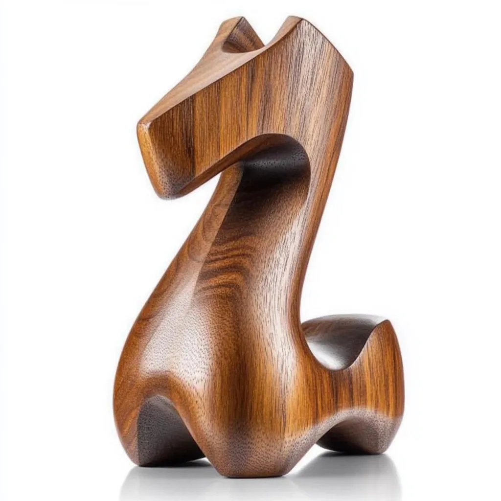 A rich, dark brown wooden sculpture of a stylized horse is presented.  The abstract form emphasizes curves and flowing lines rather than realistic detail.  The wood grain is visible, adding texture to the smooth, polished surface. The piece appears solid and substantial, with a sense of modern minimalist design. It stands on a reflective surface, highlighting its form.