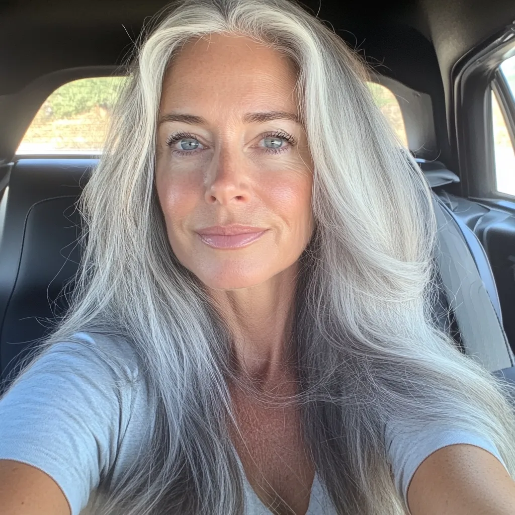 A woman with long, flowing silver hair sits in a car, taking a selfie.  She's wearing a light blue shirt and has a calm, serene expression. Her skin is smooth, and her eyes are a striking blue. The image portrays natural beauty and aging gracefully.  The car's interior is visible in the background.