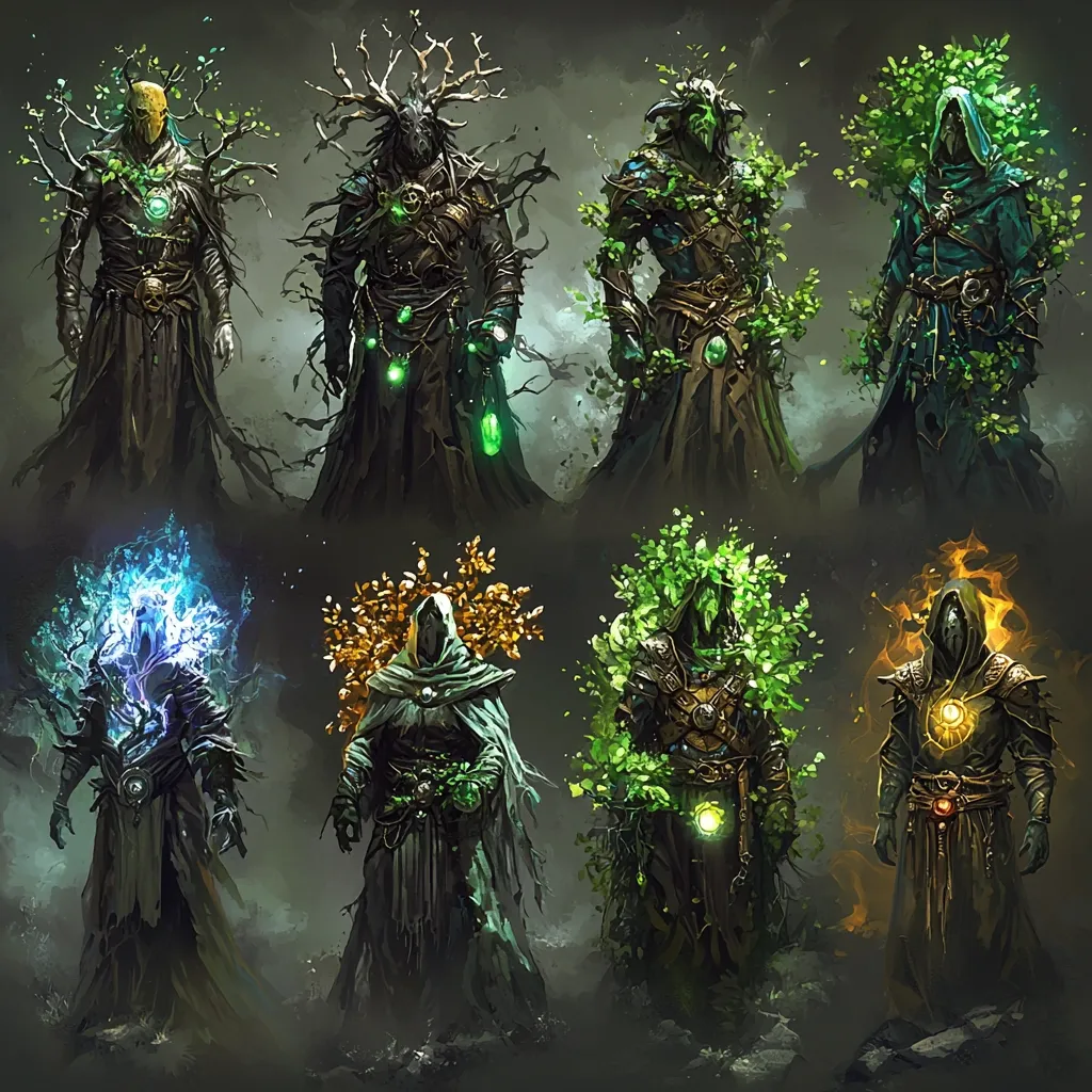Eight figures, cloaked and shrouded in nature's elements, stand in a mystical arrangement.  They embody different aspects of nature: a tree, antlers, vines, a leafy crown, fire, and electricity. Each figure is adorned with glowing green orbs and dark robes, suggesting powerful magic and connection to the earth's energy. The overall tone is dark fantasy, with a mysterious and awe-inspiring atmosphere.