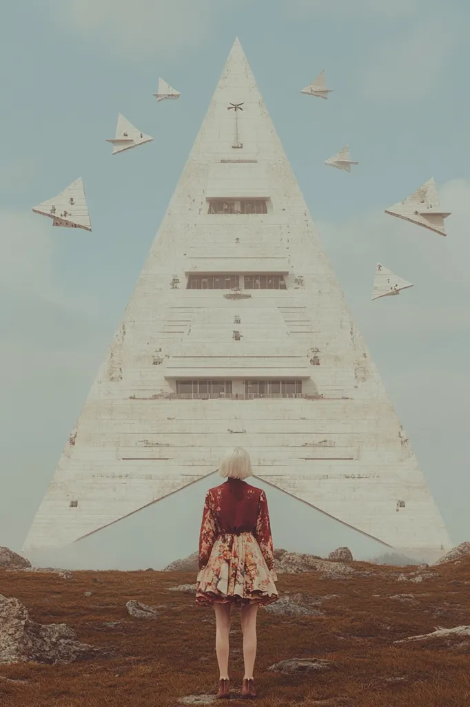 A woman in a floral dress stands before a massive, triangular structure resembling a colossal pyramid.  Several small, triangular aircraft fly around the structure against a muted sky. The scene evokes a sense of mystery and isolation, with the woman appearing small in comparison to the imposing architecture and the surreal aerial elements. The overall palette is subdued and dreamlike.