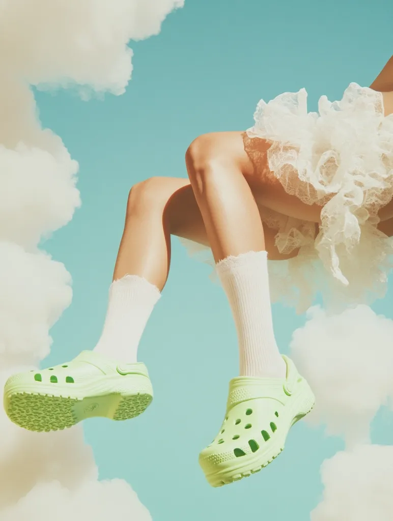 A pair of pale green Crocs are prominently featured in this surreal image.  The shoes are worn by a person whose legs and a portion of a white, tulle skirt are visible, seemingly floating amidst fluffy white clouds against a light blue sky.  The overall aesthetic is whimsical and dreamlike.