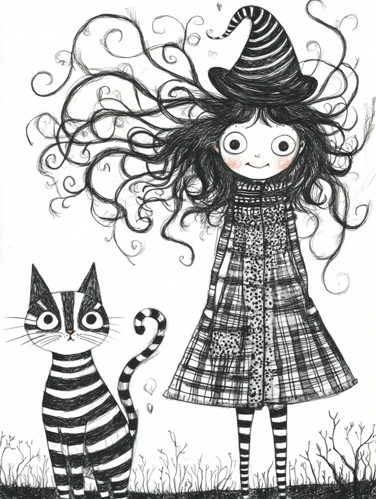 A whimsical black and white illustration depicts a young witch with wildly flowing hair, wearing a striped hat and plaid coat.  She stands beside a similarly striped cat, both figures rendered in a sketchy, expressive style.  The background hints at a barren landscape, adding to the slightly gothic yet charming atmosphere. The overall mood is playful and slightly mysterious.