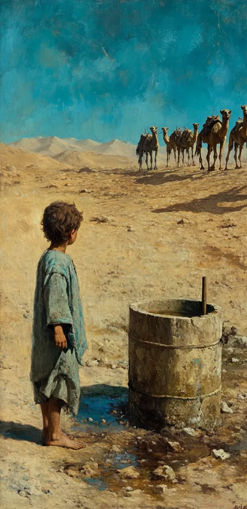 A young boy in a long, light blue robe stands barefoot by a stone water trough in a desert landscape.  A caravan of camels laden with packs moves in the distance under a bright blue sky. The boy gazes towards the camels, a sense of quiet observation pervading the scene. The painting uses warm earth tones contrasted by the cool blue of the sky and the water.