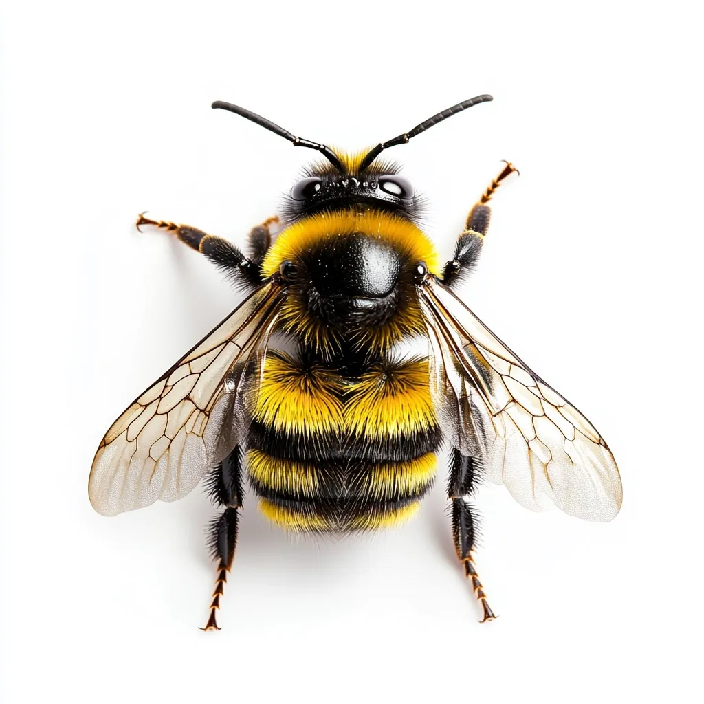 A close-up view of a bumblebee, isolated on a white background.  Its fuzzy, yellow and black body is clearly visible, along with its translucent wings and six legs. The bee's antennae are extended, and its face is directed towards the viewer.  The image showcases intricate details of the insect's anatomy.