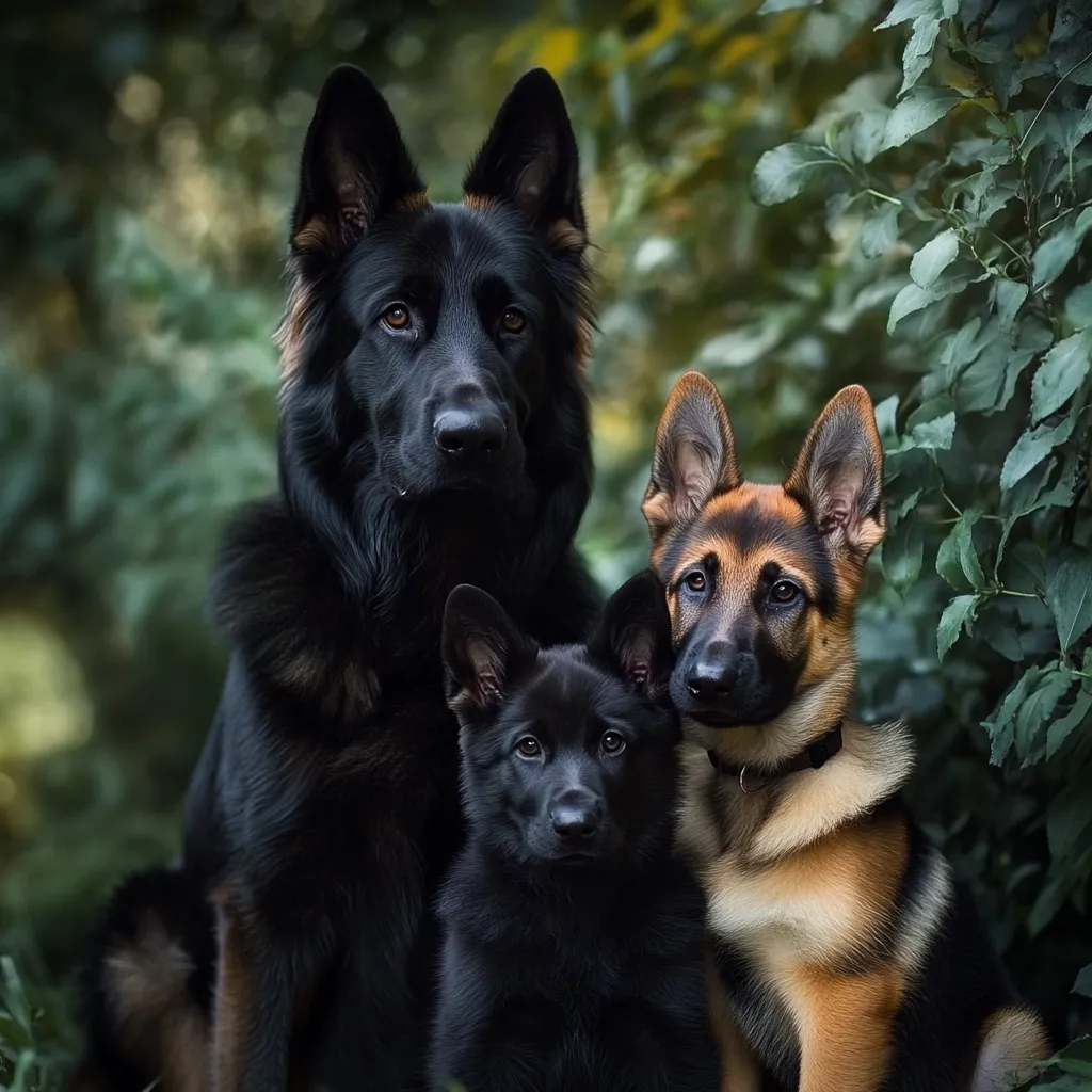 A beautiful family portrait of three German Shepherds.  A large black adult sits majestically in the center, flanked by a younger black puppy and a sable-colored puppy.  The dogs are posed calmly, gazing directly at the camera, against a soft-focus background of lush green foliage.  The image exudes a sense of warmth and familial bonding.
