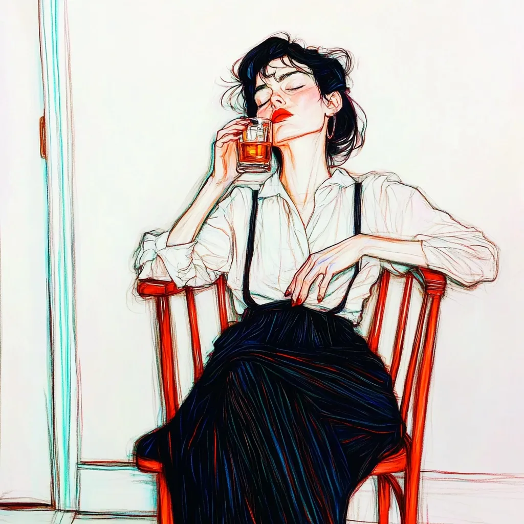 A stylized illustration depicts a woman with dark hair and red lipstick sitting in a red wooden chair. She wears a white shirt and dark pleated skirt, suspenders visible.  Eyes closed, she serenely holds a glass of amber liquid, suggesting a moment of quiet contemplation or relaxation. The art style is expressive, with visible brushstrokes and a focus on line and color.