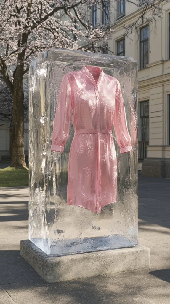 A pink, long-sleeved dress is encased in a large, clear block of ice. The ice cube rests on a stone base outdoors, near a tree in blossom and a classic-looking building.  The scene is bright and sunny, creating a striking contrast between the frozen garment and the warm environment. The image suggests themes of preservation, fragility, or the passage of time.