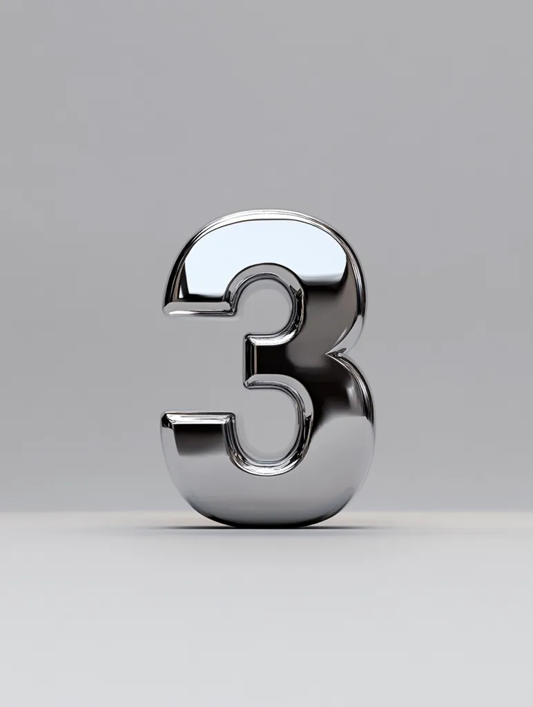 A chrome-plated, three-dimensional numeral three is presented against a minimalist gray backdrop.  The number is rendered with a highly polished, reflective surface, suggesting a metallic texture.  The lighting highlights the curves and reflective qualities of the digit, creating a sense of depth and volume. The image is clean and simple, focusing solely on the number.