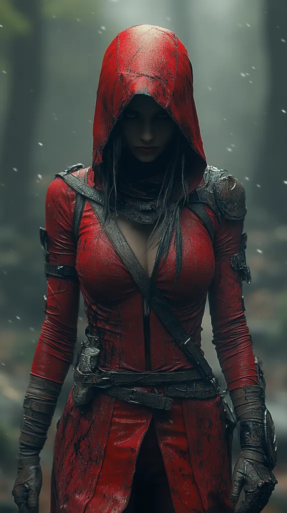A woman in a crimson hooded cloak stands in a dark, misty forest.  Her attire is weathered and stained, suggesting a journey or battle.  Dark, worn leather straps and gauntlets accentuate the red fabric.  Her expression is serious, and her dark hair partially obscures her face.  The overall mood is mysterious and evocative of fantasy or dark fiction.