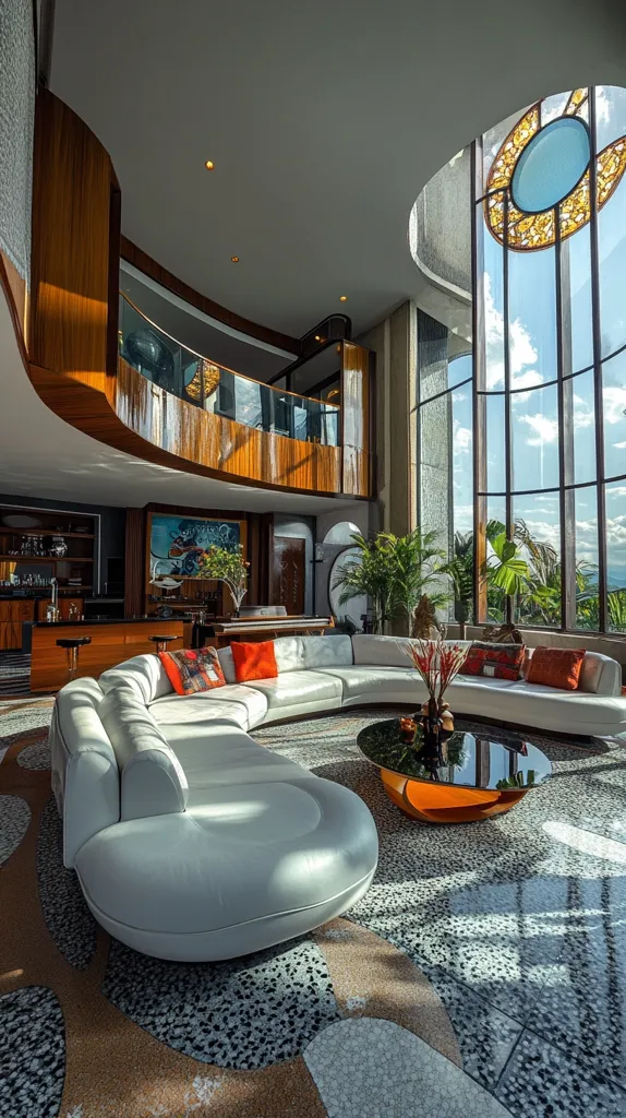 A stunning modern living room boasts a curved, white sectional sofa, a sleek, circular coffee table, and a terrazzo floor.  Large windows offer panoramic views of lush greenery.  A curved wooden balcony overlooks the space from the second floor, adding architectural interest.  The room is bathed in natural light, highlighting the luxurious design and sophisticated ambiance.