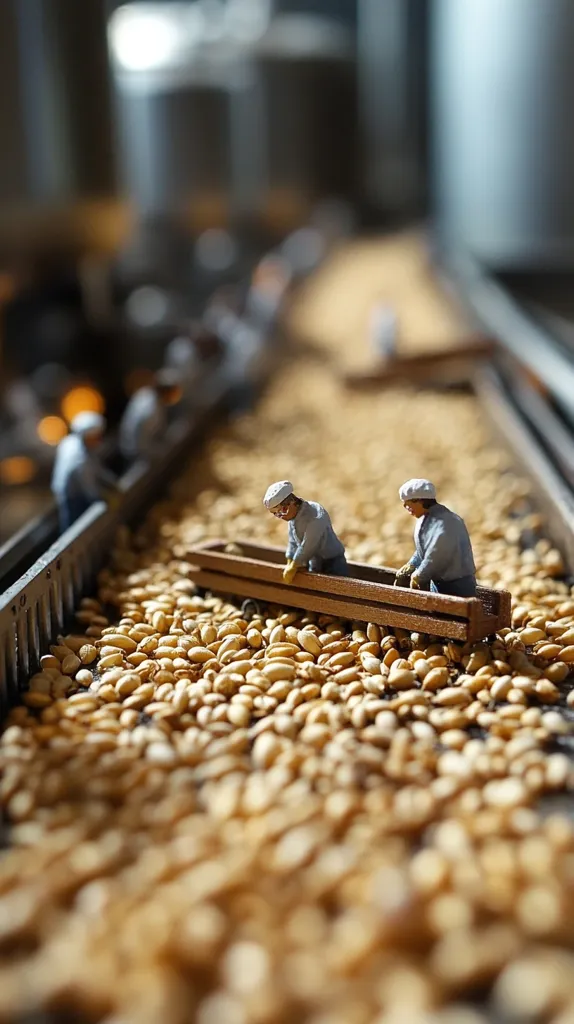 Miniature figures of workers are shown sorting grains on a conveyor belt.  The figures, wearing white hats and grey uniforms, are meticulously working with a small wooden trough.  The background is blurred, showing a larger industrial setting, possibly a grain processing plant.  The focus is sharply on the miniature workers and the grains surrounding them.  The image suggests the scale and detail of a complex agricultural process.