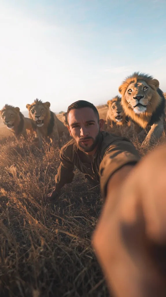 A man takes a selfie in a grassy field with a pride of lions approaching him.  The lions are in the background, their faces clearly visible. The man is crouched low to the ground, appearing calm despite the close proximity of the large felines.  The setting sun casts a warm glow on the scene. The image suggests a moment of unusual and possibly dangerous closeness between humans and wildlife.