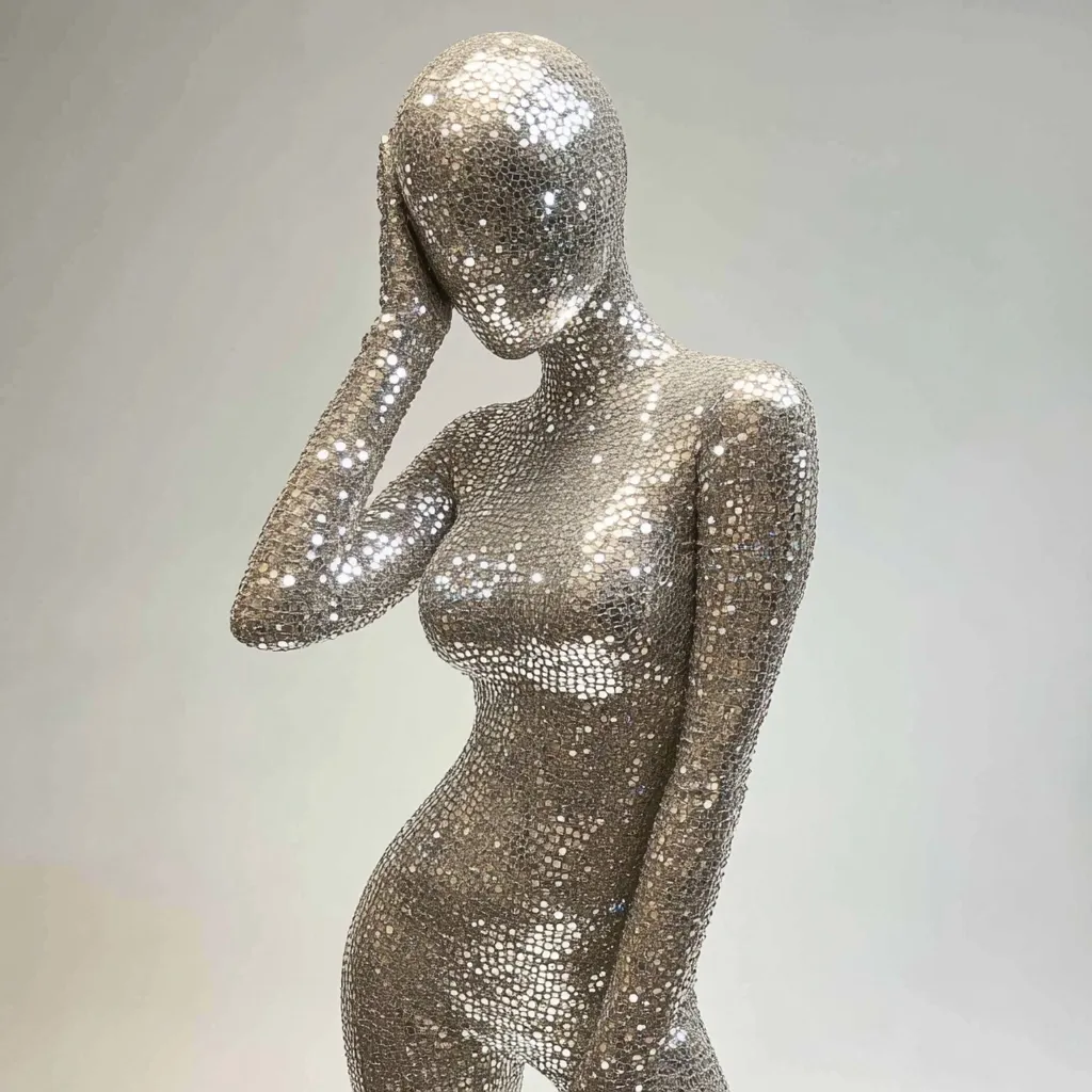 A shimmering silver mannequin, adorned with countless tiny mirrored tiles, stands against a neutral background.  Its pose is subtly melancholic, one hand gently resting against its face, obscuring part of its features. The light reflects brilliantly off the mosaic surface, creating a dazzling effect. The overall impression is one of both elegance and a hint of introspection.