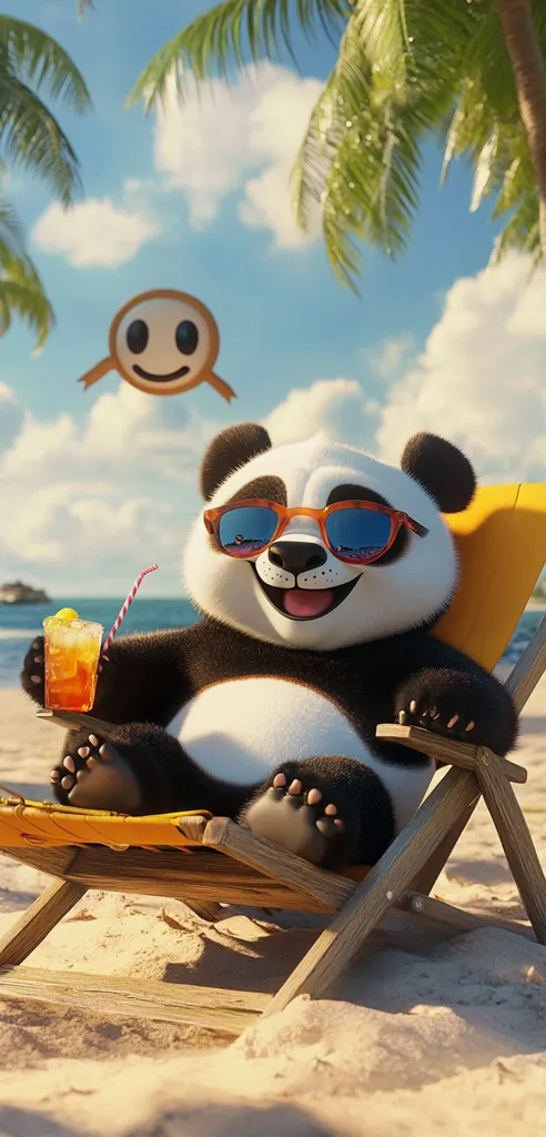 A cute, cartoon panda wearing sunglasses relaxes in a beach chair on a sandy beach.  Palm trees sway in the background under a bright, sunny sky. The panda holds a refreshing iced drink with a lemon slice. A small, friendly-faced emoticon floats above. The scene is cheerful and idyllic, perfect for a summer-themed image.