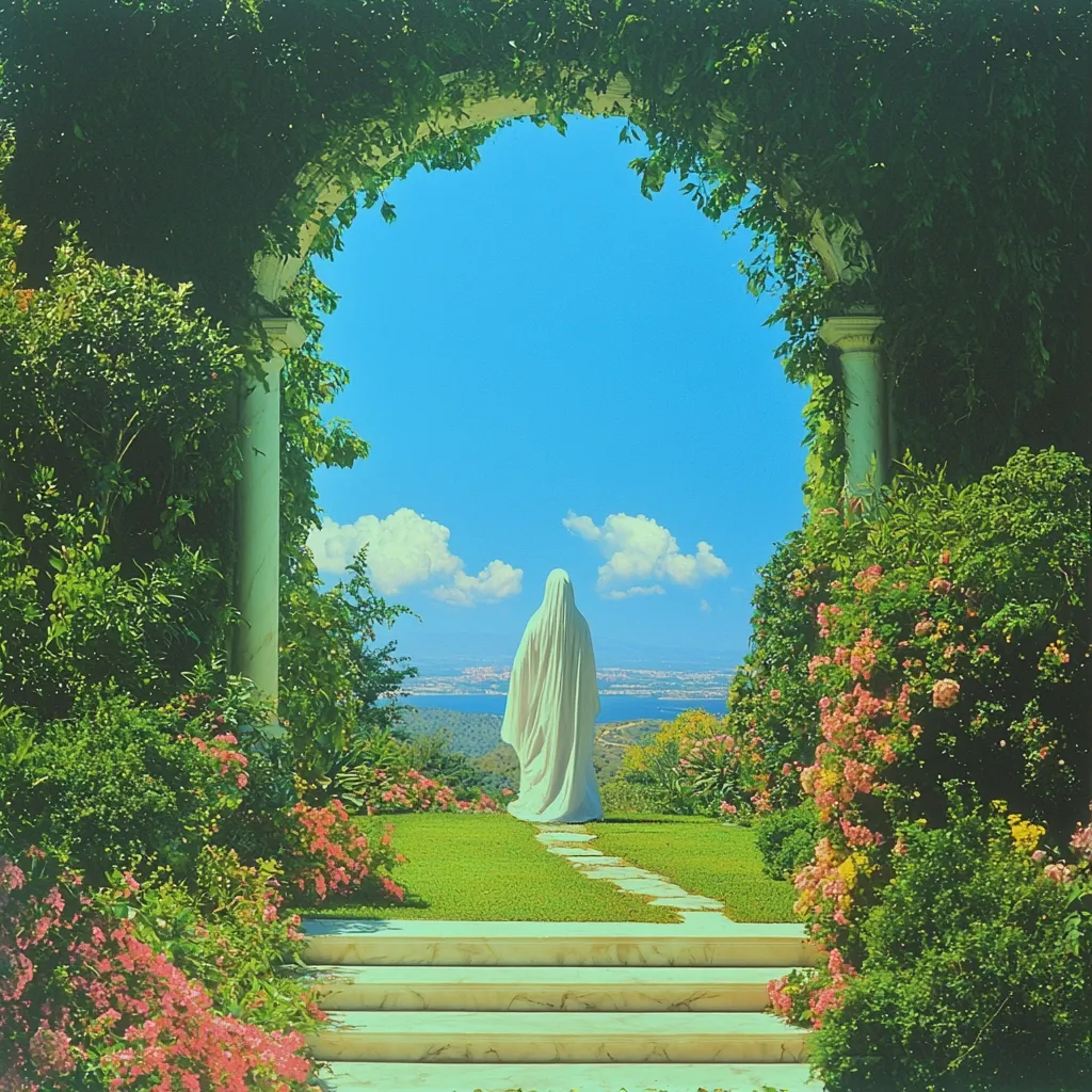A serene landscape unfolds through a lush, arched gateway.  A cloaked figure stands on a stone path leading to a vista of a calm sea and distant hills under a clear blue sky.  Vibrant, flowering bushes frame the scene, creating a tranquil and dreamlike atmosphere. The overall aesthetic is one of peaceful contemplation and ethereal beauty.