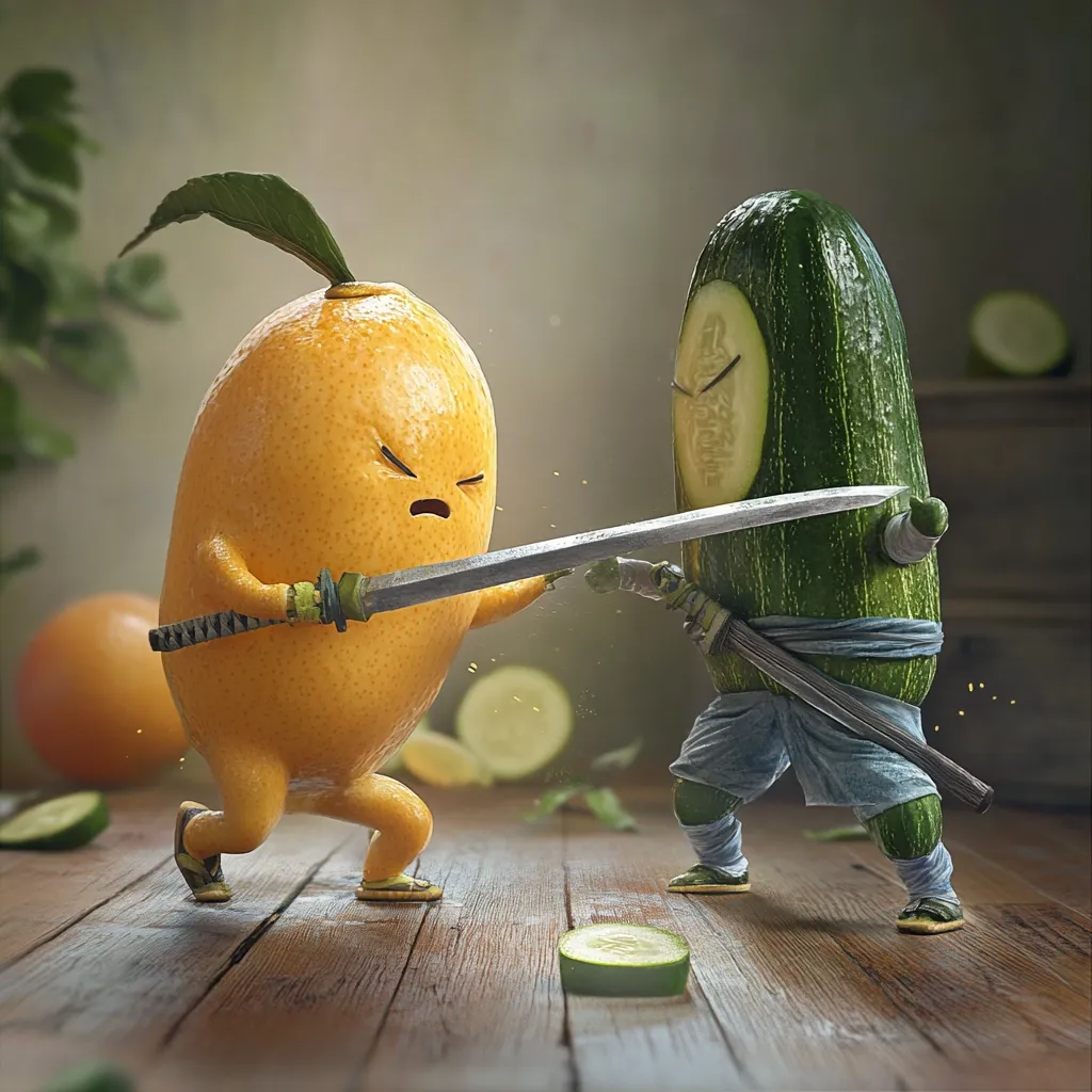 A kumquat and a zucchini engage in a comical sword fight.  Both fruits are anthropomorphized, wearing tiny samurai outfits and wielding miniature katanas.  The scene is set on a wooden floor, with other pieces of fruit scattered around, suggesting a playful, imaginative battle between produce. The image is rendered in a highly realistic style.