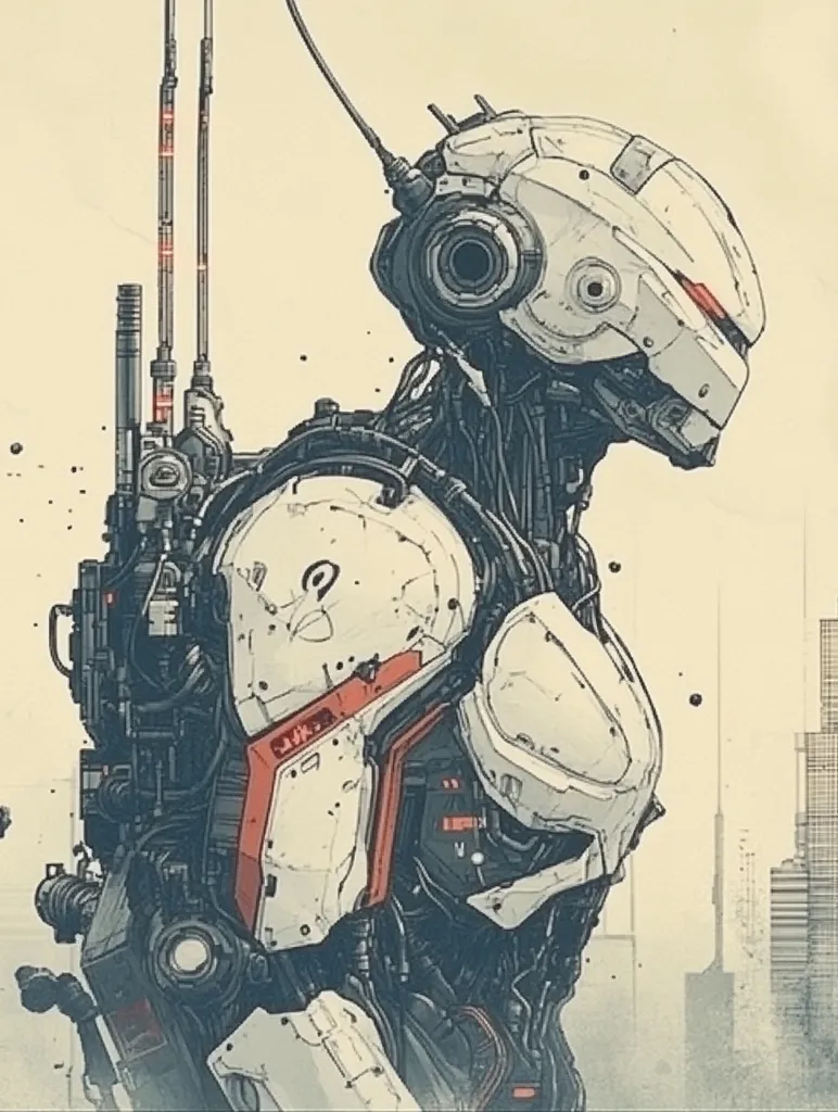 A detailed illustration showcases a futuristic robot, its design intricate and complex.  The robot's head is encased in a helmet, and its body is a blend of metallic whites and grays, accented with pops of red.  Intricate wiring and mechanical components are visible, suggesting a high degree of technological sophistication.  The background hints at a cityscape, enhancing the robot's presence.  The overall style is reminiscent of science fiction art.