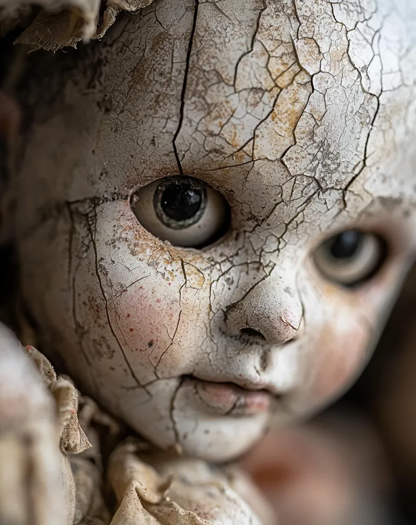 A close-up reveals a weathered porcelain doll, its face intricately cracked and showing signs of age and decay.  The paint is chipped, revealing the underlying material.  One eye is clearly visible, adding to the unsettling realism.  The doll's expression is somber, and the overall effect is eerily lifelike and slightly disturbing. The tattered fabric of its clothing further emphasizes its state of disrepair.