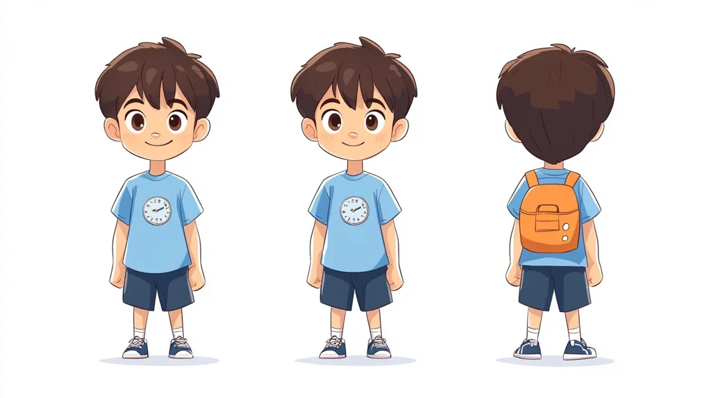 The image shows a cartoon illustration of a young boy from three different angles.  He has brown hair, wears a light blue t-shirt with a clock design, dark shorts, and sneakers. In one view, he is seen from behind, carrying an orange backpack. The style is cute and childlike, suitable for children's books or animation.