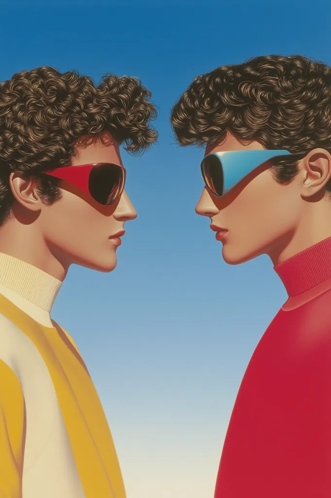 Two young men with curly brown hair face each other against a bright blue sky.  They wear brightly colored, high-necked sweaters; one yellow, the other red.  Both sport stylish, oversized sunglasses, one pair red, the other light blue.  The image is sharply focused and rendered in a hyperrealistic style, reminiscent of 1980s fashion photography.
