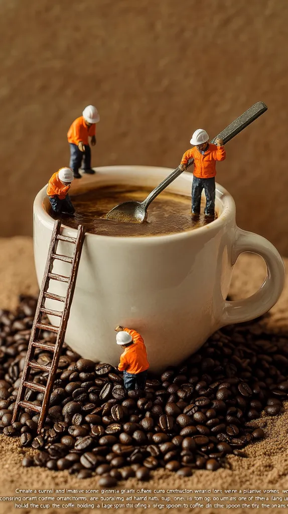 Miniature construction workers, wearing hard hats and orange overalls, are building around a giant coffee cup filled with coffee. One worker stirs the coffee with a large spoon, while others use a ladder and work on the coffee beans surrounding the cup.  The scene is surreal and whimsical, combining the everyday with the fantastical.