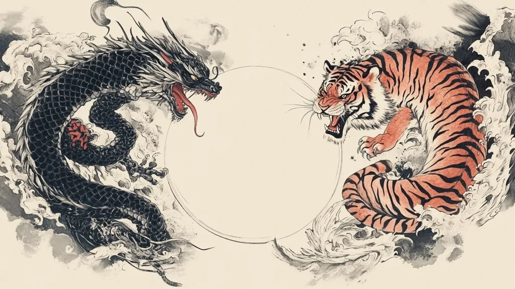 A dramatic illustration showcases a black dragon and an orange tiger, each positioned on either side of a circular, empty space.  Both creatures are depicted amidst stylized waves, rendered in a traditional Japanese art style with washes of grey and black ink.  The dragon and tiger appear poised for confrontation, their expressions fierce and dynamic. The overall aesthetic is one of powerful symbolism and contrasting forces.